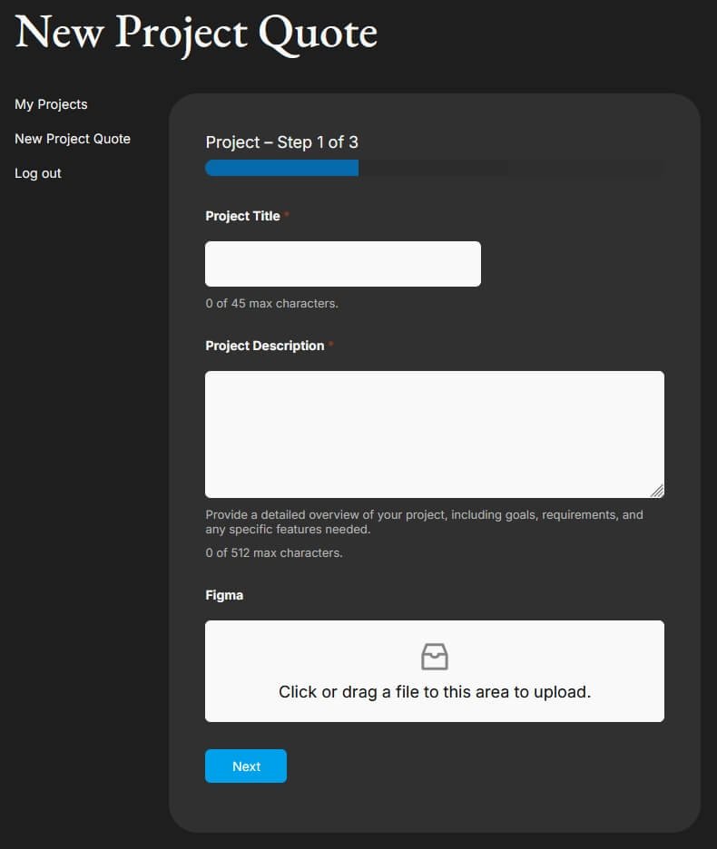 Rafy Client Dashboard - New Project Quote